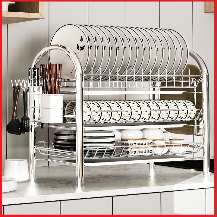 Kệ úp chén bát, khung INOX 304 cao cấp, kích thước lớn 39x26x49cm, tích hợp ống cắm dao, đũa, thìa, Giá úp bát đĩa inox, tặng kèm 3 khay hứng nước
