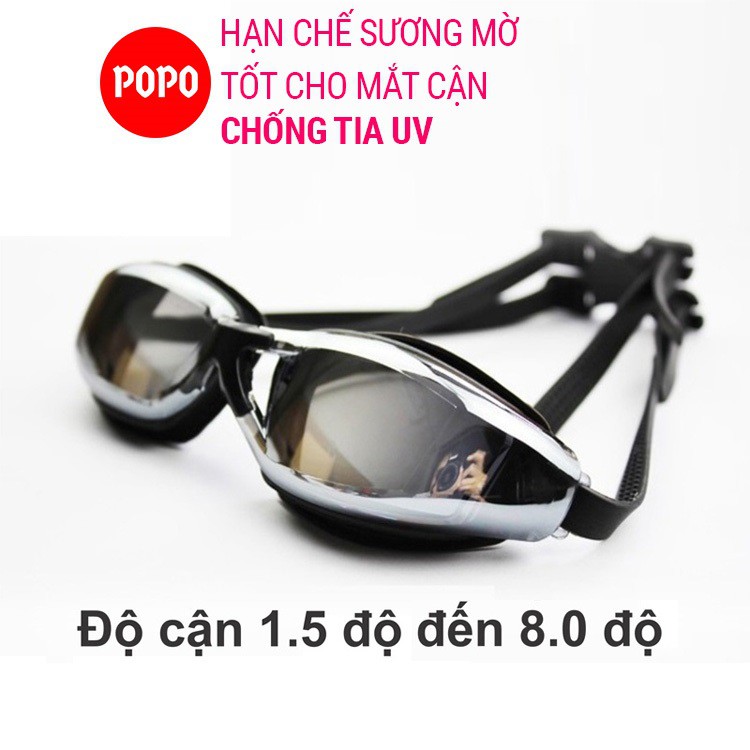 Kính bơi cận độ cận từ 1.5 đến 8.0 POPO GOG kính bơi có độ cho người lớn (nam, nữ) và trẻ em từ 8 tuổi, mắt kính tráng gương, chống UV, chống hấp hơi; khóa đeo kính thông minh