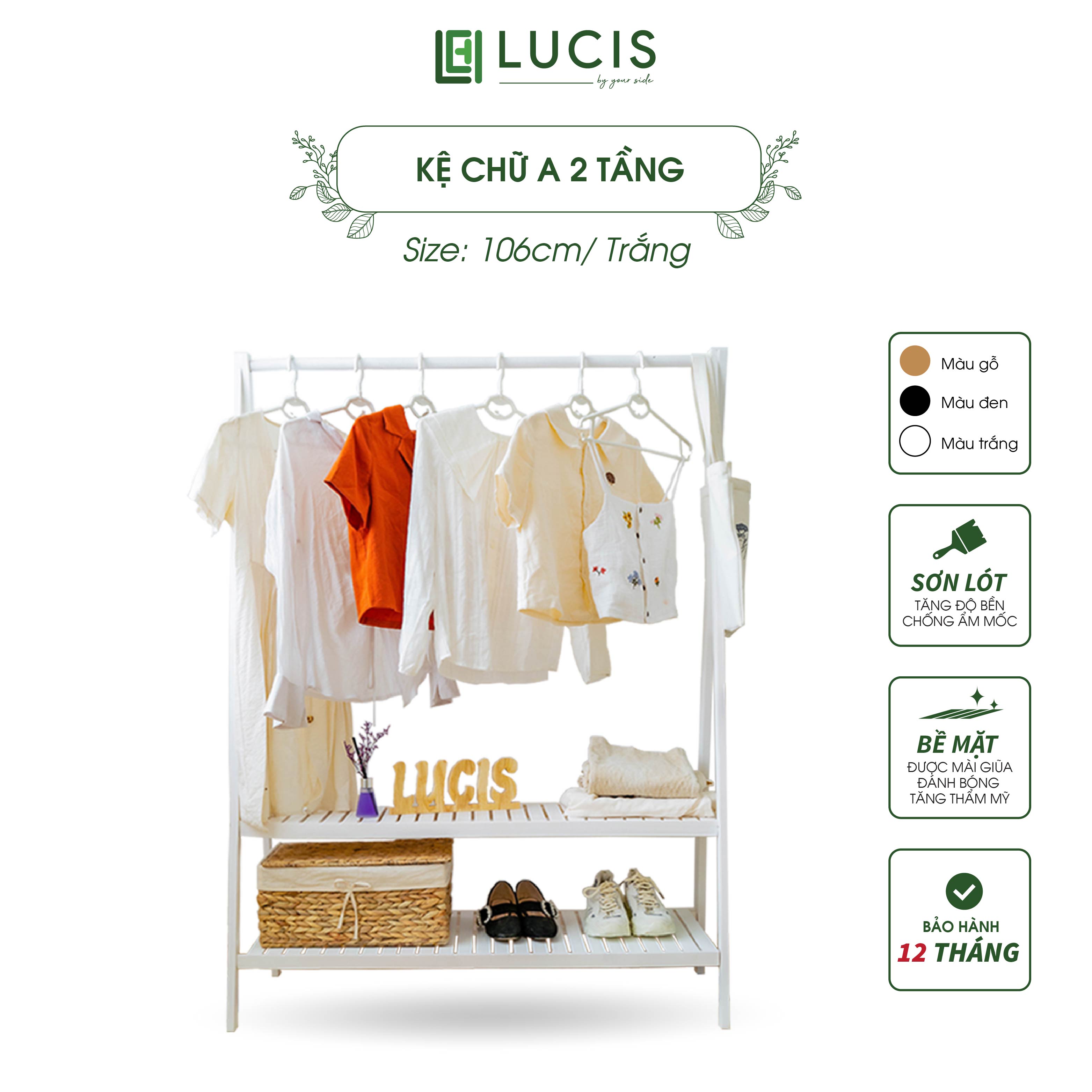 Kệ treo quần áo gỗ thông chữ A LUCIS màu trắng dài 106cm có 2 tầng để đồ treo túi ví lắp ghép đa năng nội thất phòng ngủ