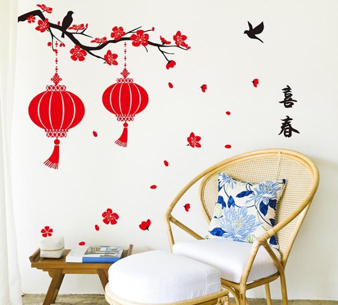 Decal Trang Trí Tết - Cặp Lồng Đèn Đỏ Treo Trên Cành Mai