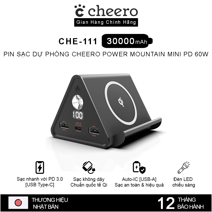 [Trả góp 0%]Pin Sạc Dự Phòng Dung Lượng Cao CHE-111 Mountain Mini 30000mAh Sạc Không Dây