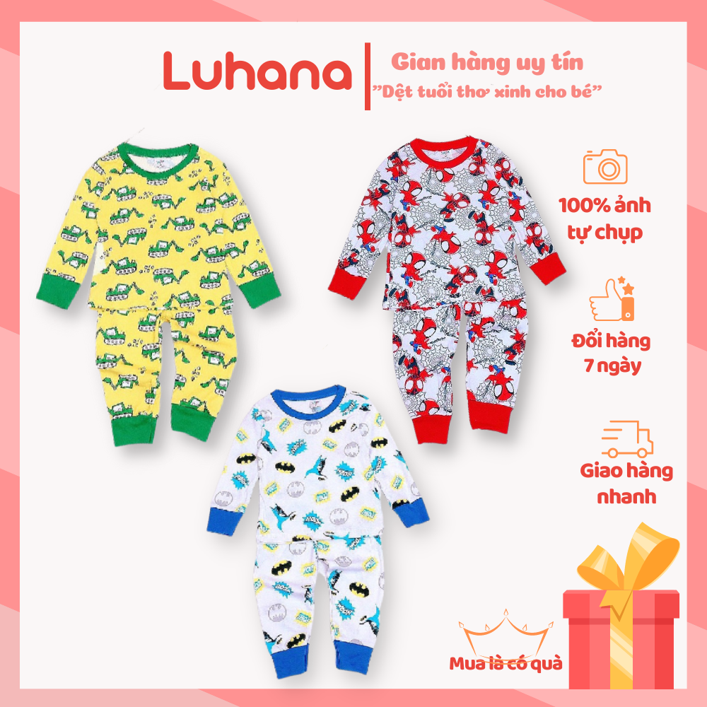 Bộ quần áo bé trai dài tay mềm mịn thấm hút mồ hôi, đồ bộ bé trai in hình siêu nhân người nhện người dơi ô tô dễ thương - Luhana Shop