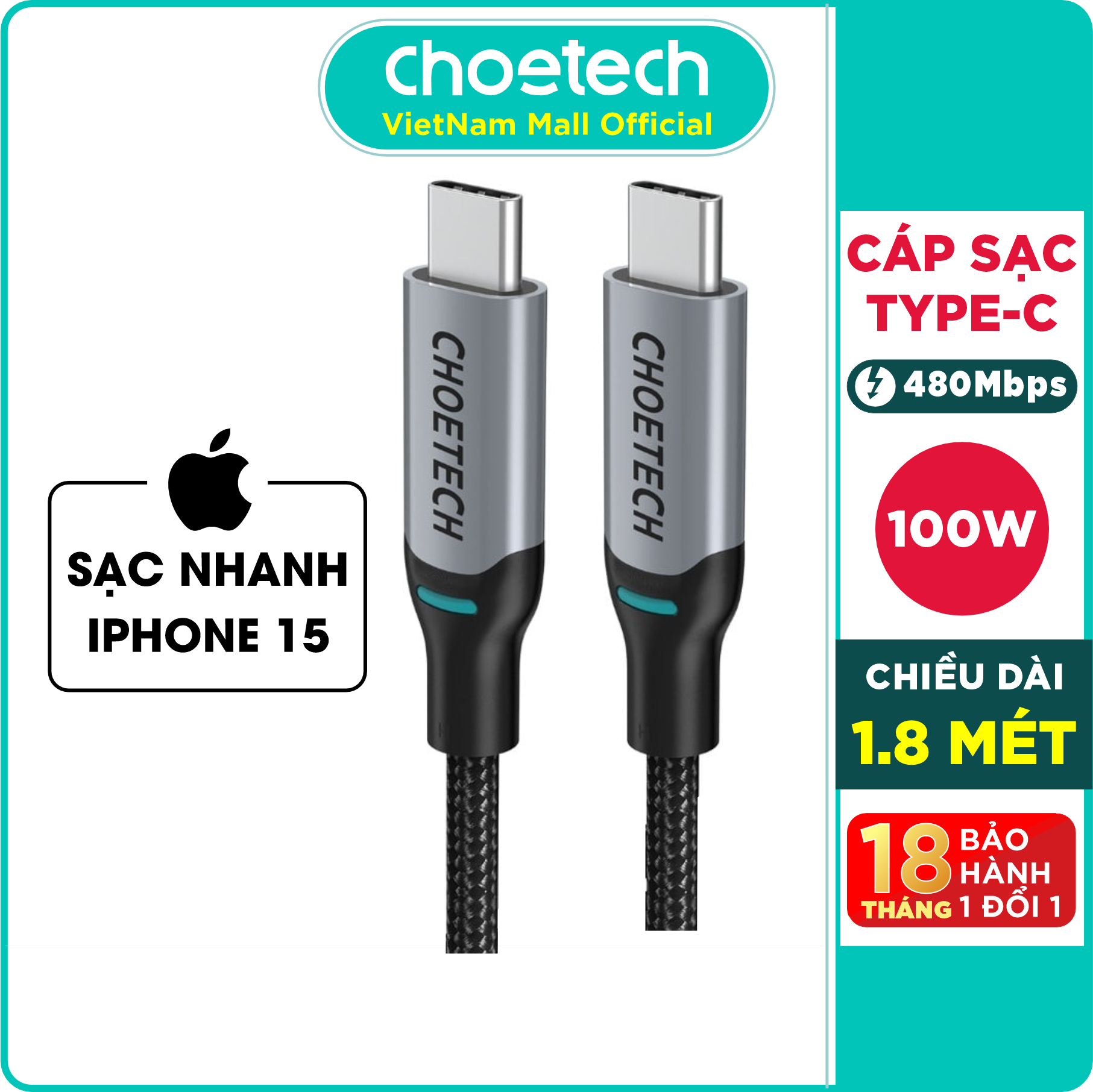 Dây Cáp Sạc Nhanh USB Type C to Type C 100W Dài 1.8M Chuyên Sạc Macbook, Laptop, Smartphone CHOETECH XCC-1002-GY - Hàng Chính Hãng