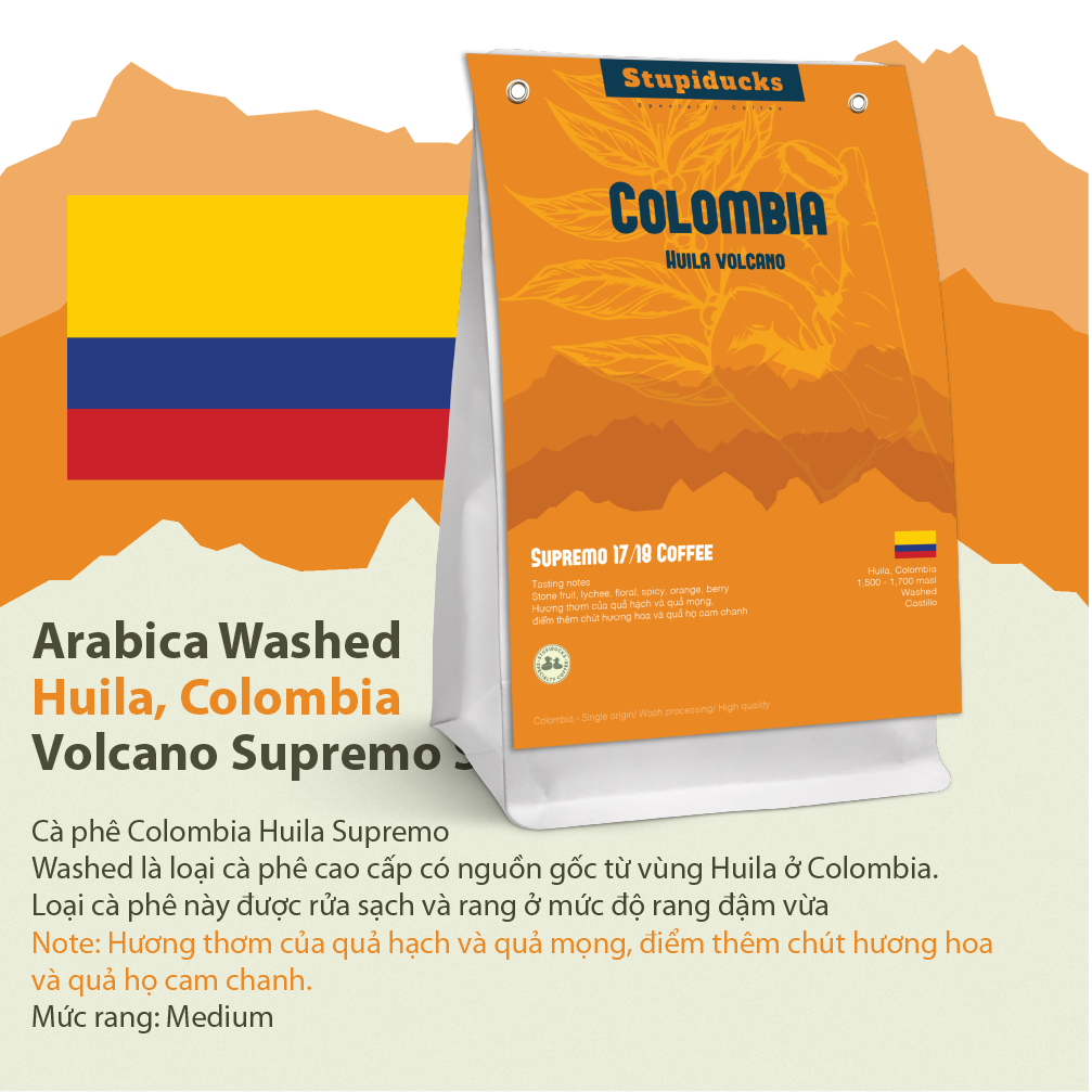 Cà phê Arabica Colombia Huila Volcano Supremo Sc 17/18 - Stupiducks Specialty Coffee