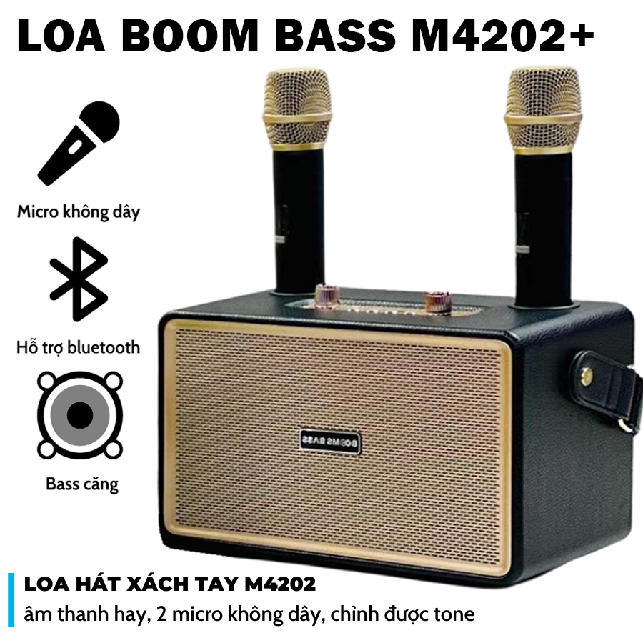 ( CHÍNH HÃNG ) Loa Hàng Bãi Mỹ - Loa Xách Tay Bluetooth Karaoke BoomsBass M4202 Bass Mạnh, Kèm 2 Micro Không Dây, Công Suất 100W Bass Mạnh Treble Rời Âm Thanh Đỉnh Cao Bảo Hành Chính Hãng