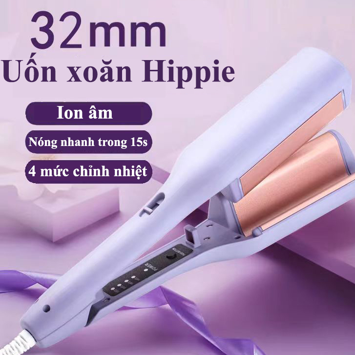 Máy Uốn Tóc Xoăn Sóng Nước Hippie 32mm Chất Liệu Gốm Sứ Ceramic Cao Cấp, Máy Làm Xoăn Sóng Nước Chỉnh Nhiệt, máy dập xù sóng to tạo kiểu shop bán kèm máy duỗi tóc mini, máy sấy tóc gấp gọn