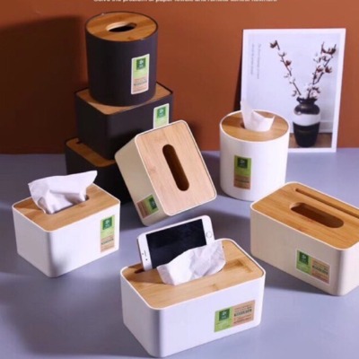 Hộp đựng giấy ăn hình vuông mặt tre thiết kế đơn giản, hộp khăn giấy