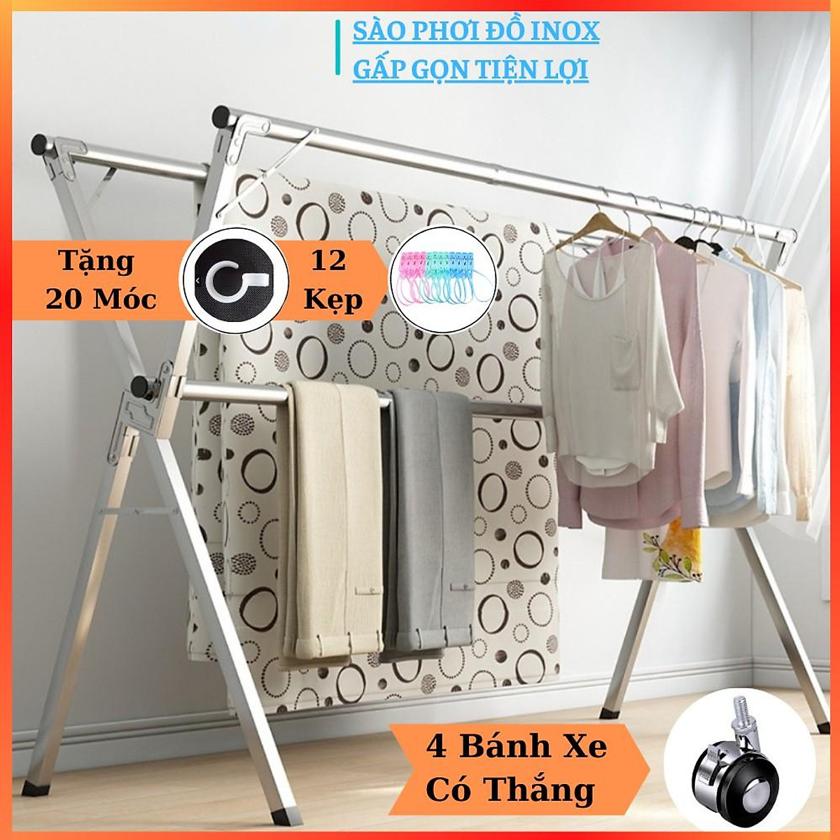 Sào phơi đồ inox thông minh sp16, cải tiến cây gấp gọn, giá giàn phơi có quà tặng móc treo đồ