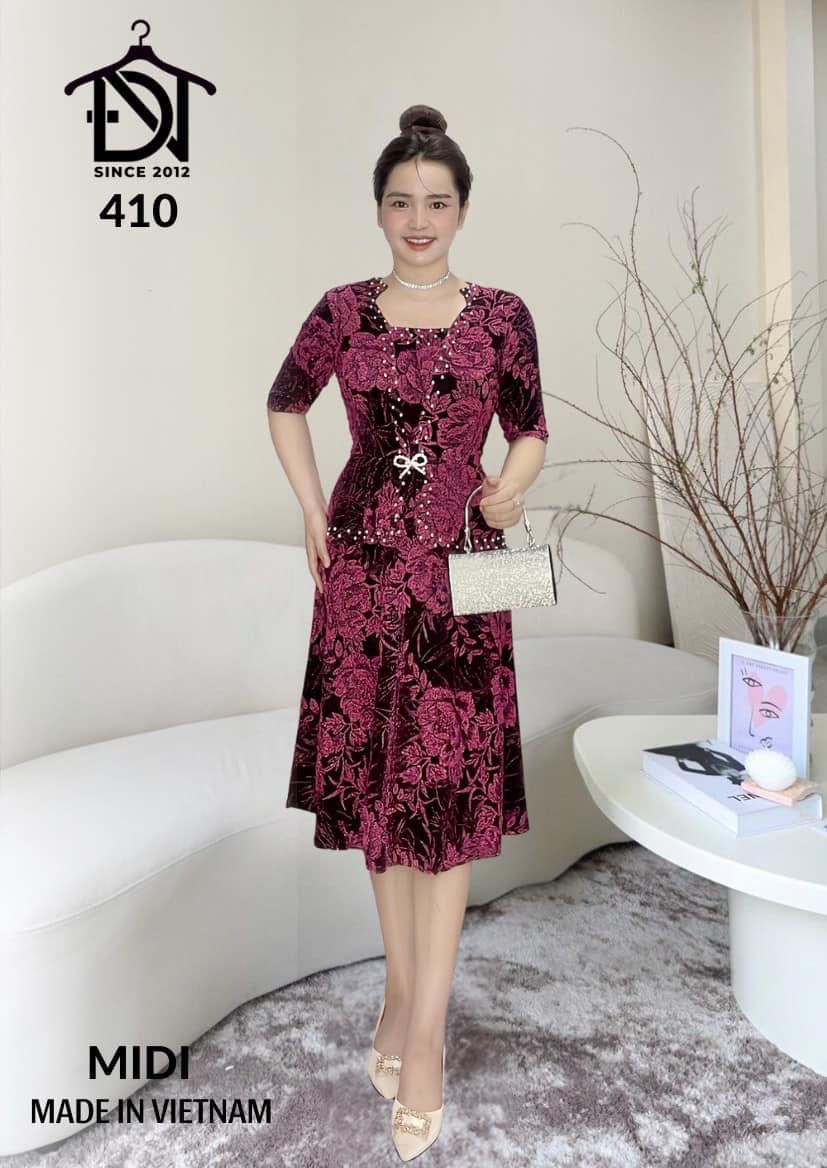 Đầm dạ hội trung niên dự tiệc sang trọng vải kim tuyến nhũ kim sa tặng mẹ co giãn bigsize 80kg DN07