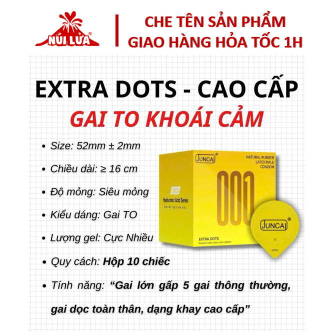  Bao cao su gai Juncai Extra Dot gân gai 3D cao cấp kéo dài thời gian quan hệ siêu mỏng nhiều gel bôi trơn 
