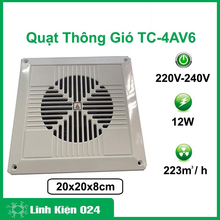 Quạt thông gió, quạt hút âm trần TICO TC-14AV6 kích thước 20x20x8cm giúp hút mùi, tản nhiệt không khí phòng
