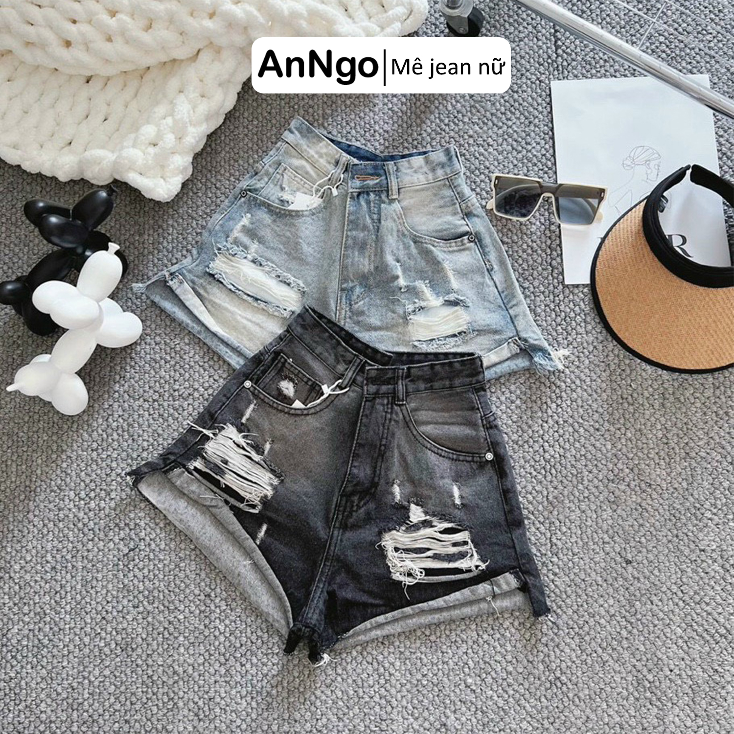 Quần short jean nữ xanh, xám lưng cao, ống rộng rách cá tính, trẻ trung ANNGO - AT304
