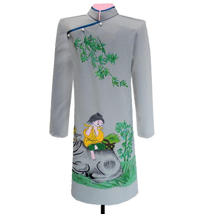 ÁO DÀI NAM XÁM VẼ ĐỒNG QUÊ (tặng kèm khẩu trang vải cùng loại)