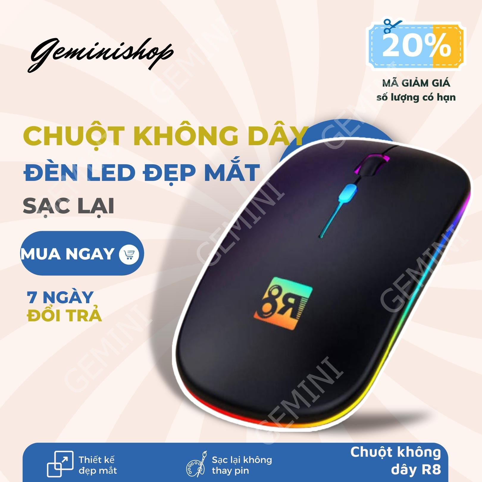 Chuột không dây PIN SẠC 1600 dpi R8