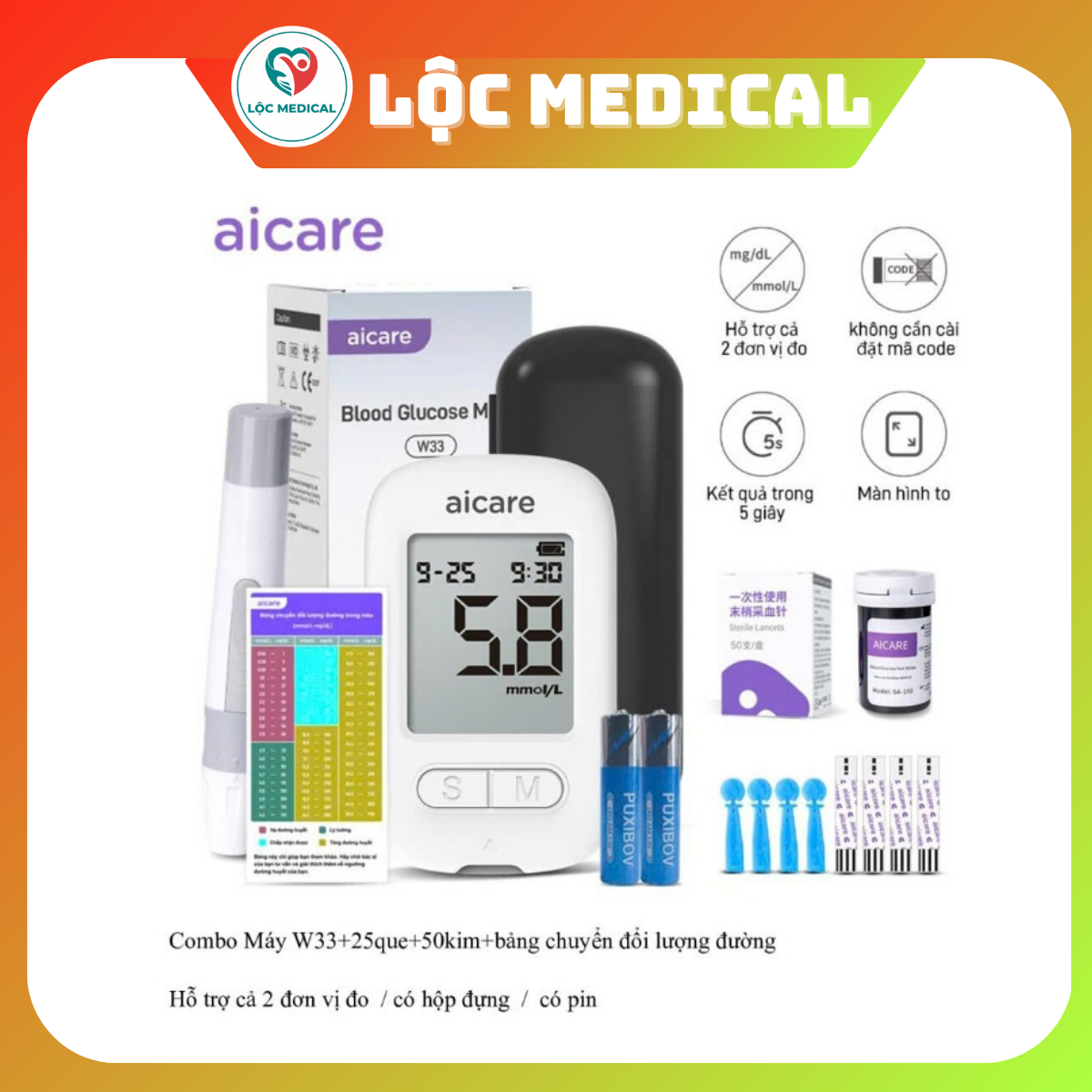 Máy Đo Đường Huyết ACCU Chính Hãng AICARE W33 + 25 que + 50 kim + bảng chuyển đổi ( có thể chỉnh đơn vị mg/dL - mmol/L )