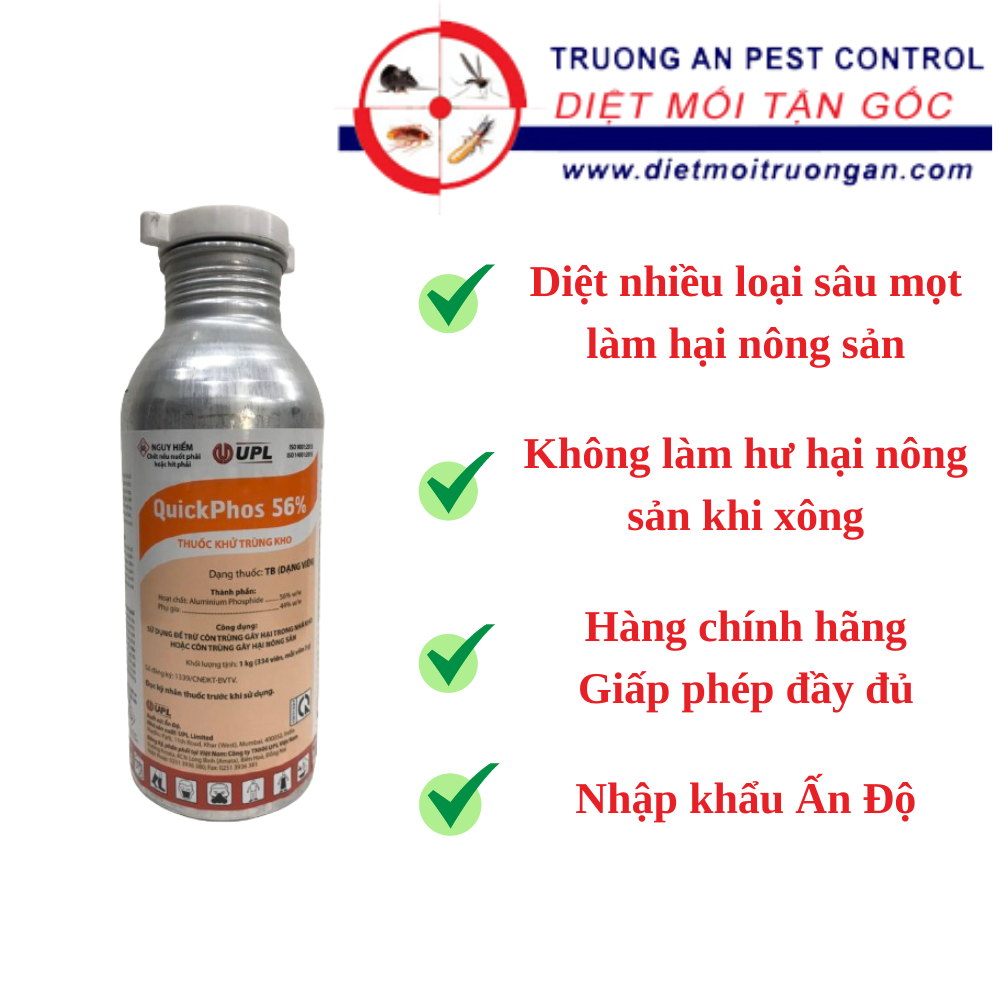 Sản phẩm khử trùng, diệt mọt nông sản Quickphos 56% xuất xứ Ấn Độ. Chai nhôm 1 Kg gồm 334 viên, mỗi viên 3g.