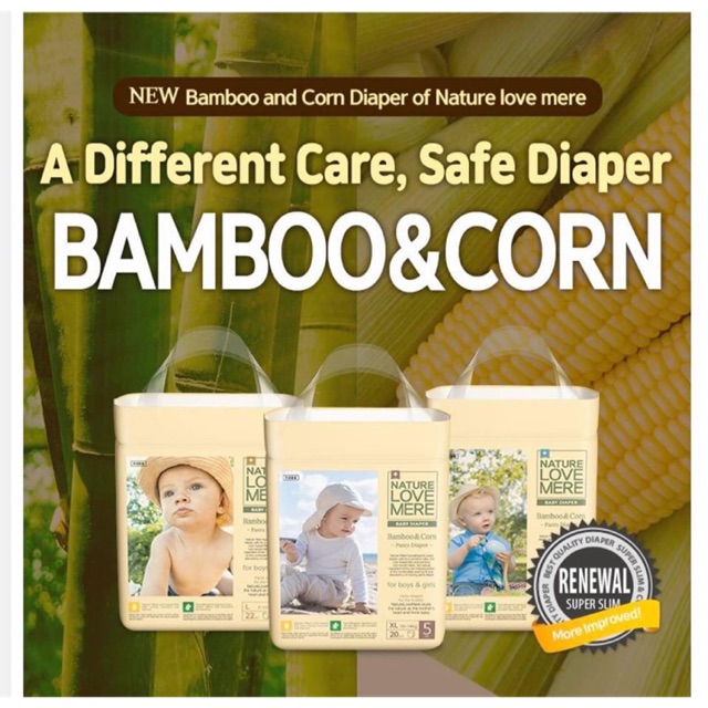 Bỉm bamboo&corn dành cho da nhạy cảm nature love mere nội địa hàn các size l22/xl20/xxl18-tã quần, tả, bỉm, ta quan , bim tre em , bỉm trẻ em ,ta ,bim