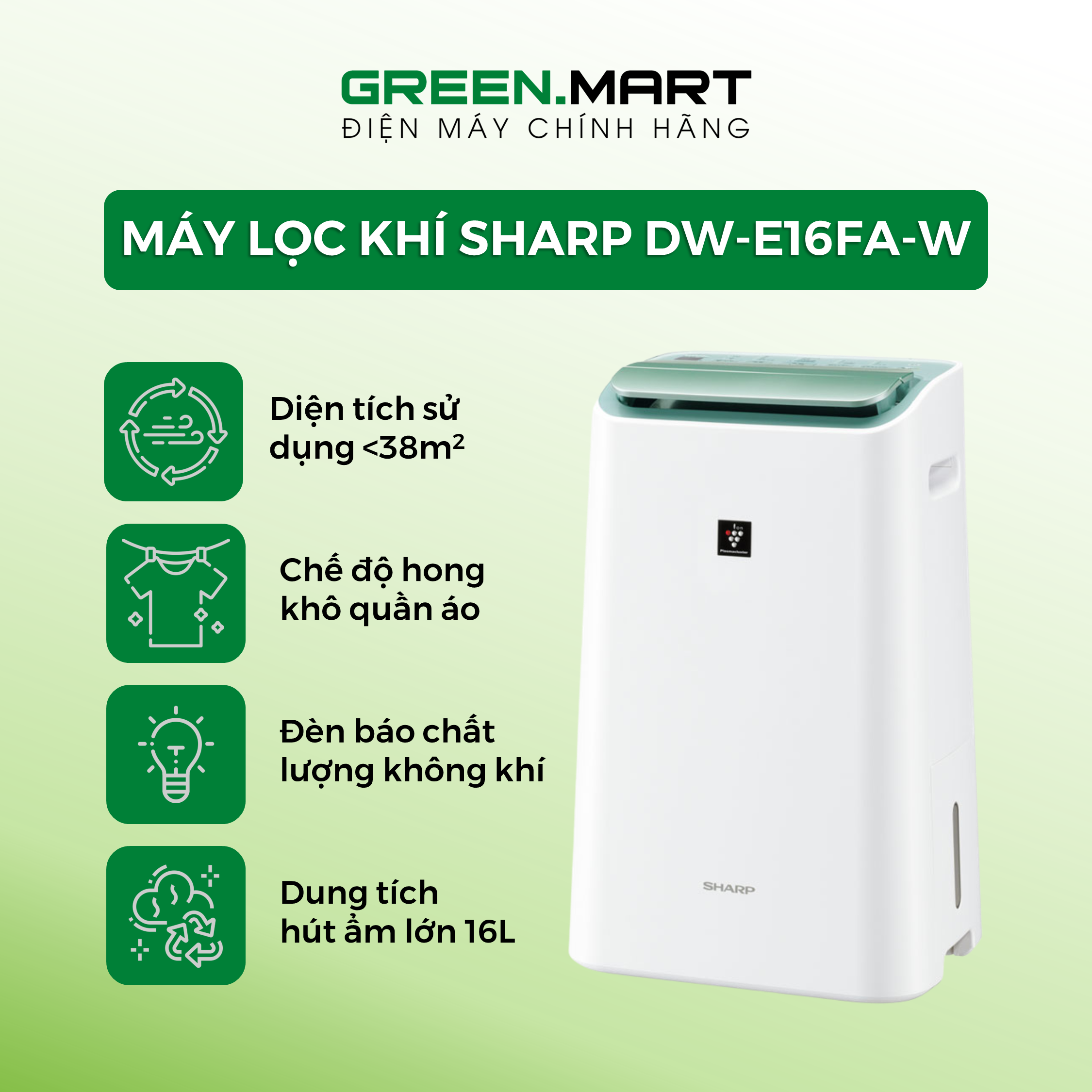 Máy lọc không khí và hút ẩm Sharp DW-E16FA-W | Máy hút ẩm Sharp DW-E16FA-W màu trắng dung tích lớn có thể hong khô quần áo | Hàng chính hãng