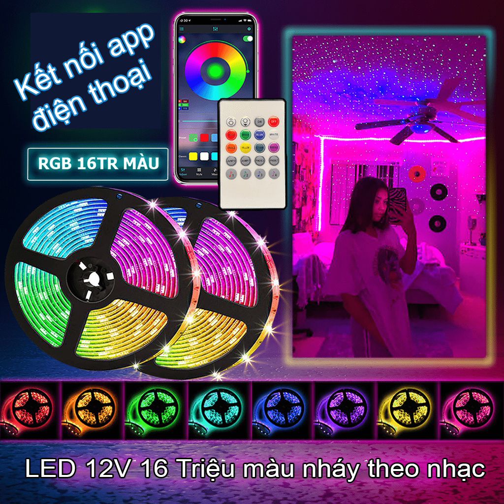 Đèn led RGB trang trí phòng 16 Triệu màu nháy theo nhạc dùng app điện thoại siêu sáng