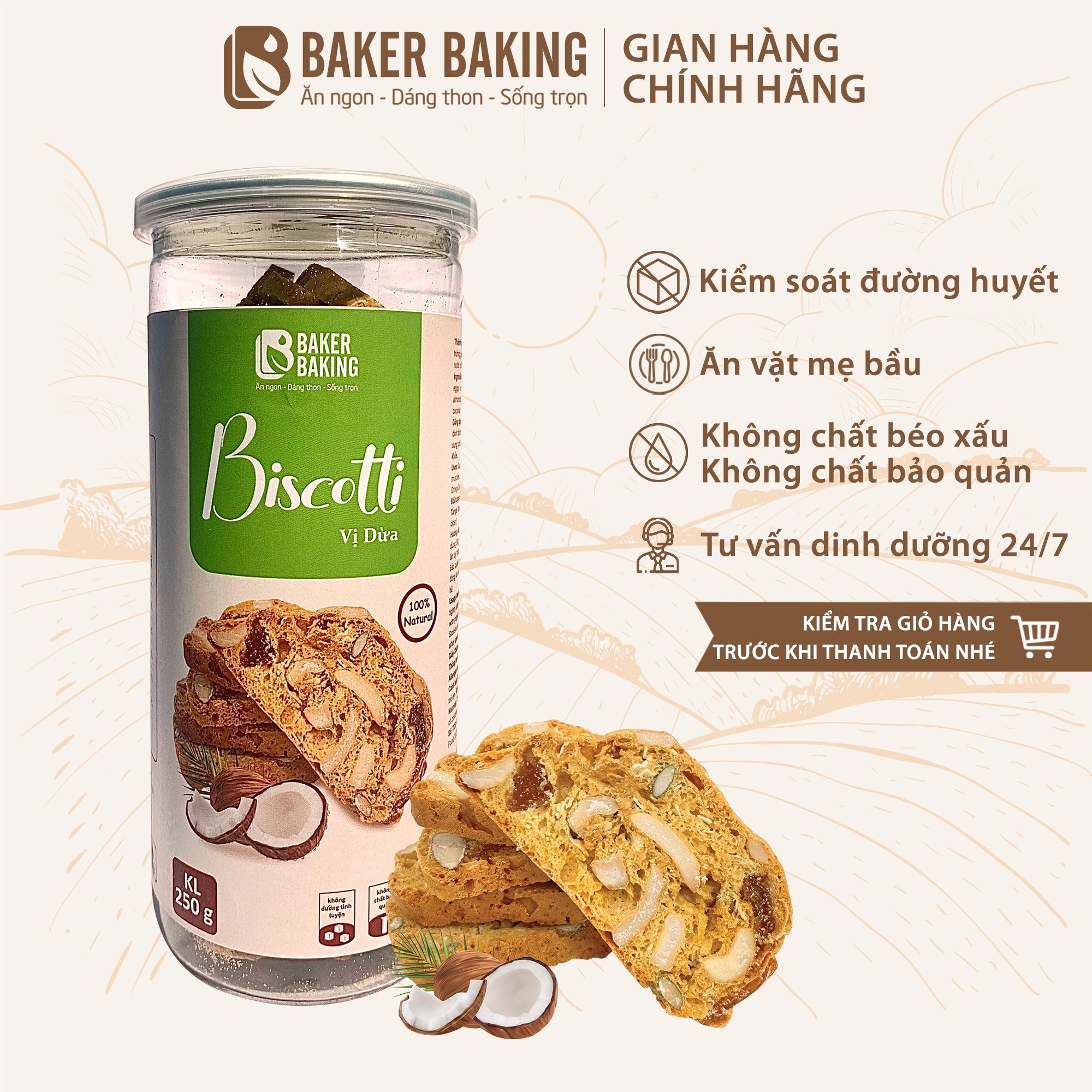 Bánh biscotti vị dừa Baker Baking phù hợp cho người ăn kiêng tập gym 100
