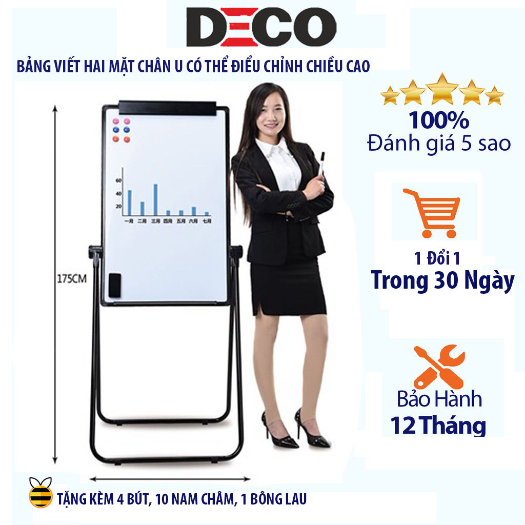 Bảng Flipchart mẫu U Cao Cấp. Mặt bảng không dòng kẻ. Kích thước 70x100cm có thể nâng chỉnh chiều cao