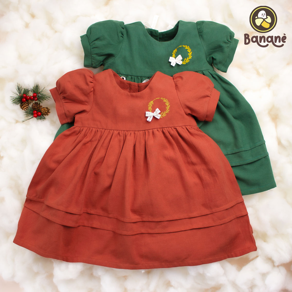 Đầm bé gái - đầm sici đỏ cam - xanh lá đính nơ xinh yêu - banane kids - d05 - váy bé gái