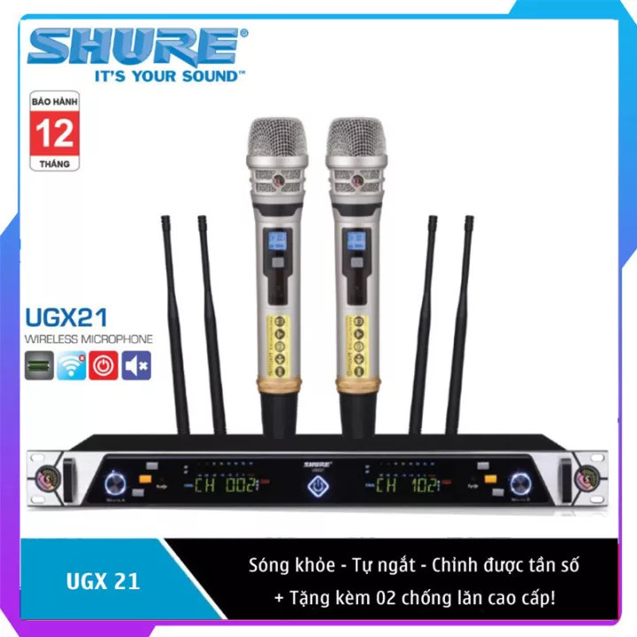 Micro không dây shure ugx21 - micro hát karaoke không dây 4 antenna sóng cực khỏe chống hú, cảm biến tự ngắt bh 12t