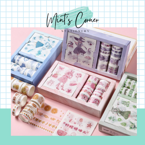 Set Combo Hộp 10 cuộn Washi tape và 10 Hình Dán Sticker Cao Cấp Họa Tiết Cô Gái Dễ Thương