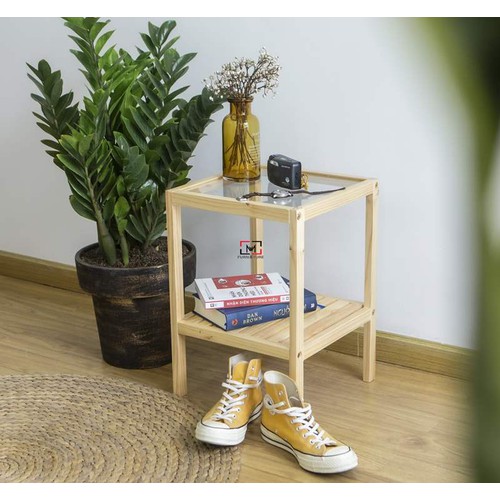 KỆ GƯƠNG 2 TẦNG ĐẦU GIƯỜNG GỖ THÔNG- GLASS SHELF- CAO 50CM x DÀI 35CM x RỘNG 35C