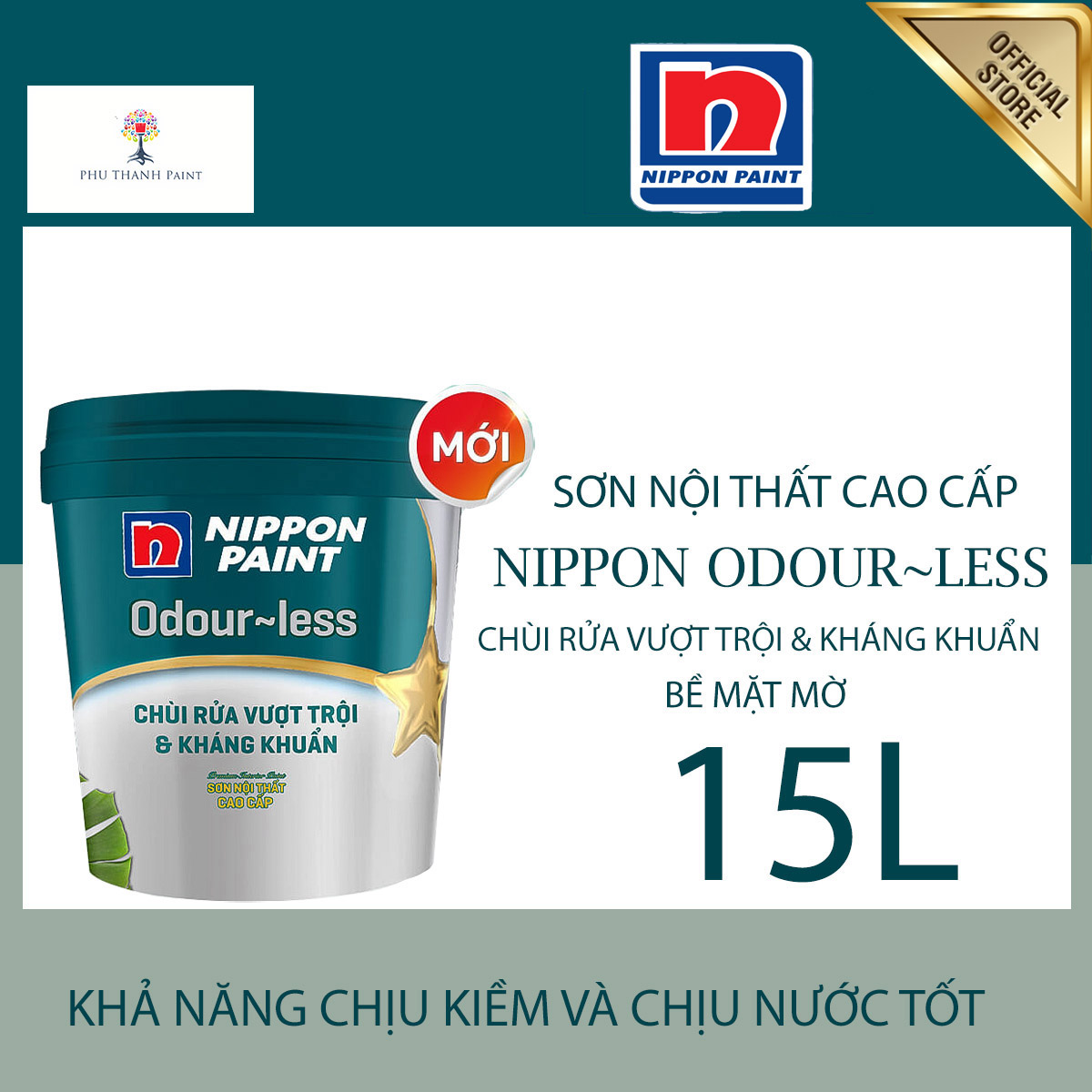 Sơn nước nội thất Siêu cao cấp Nippon Odourless Chùi rửa Kháng khuẩn Bề mặt mờ 15L
