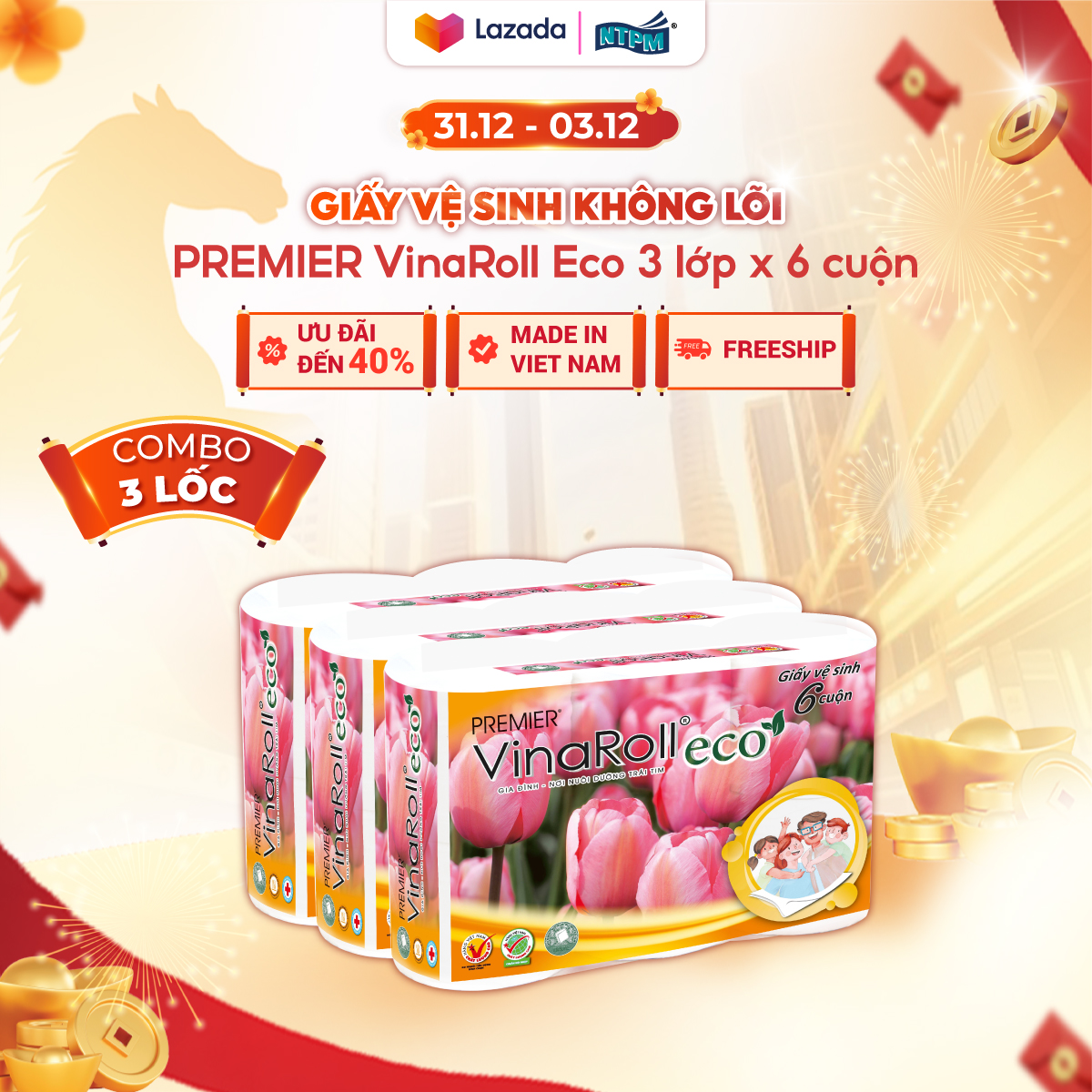   COMBO 3 LỐC  Giấy vệ sinh PREMIER VinaRoll Eco không lõi 3 lớp - 1 nguyên chất + 2 tái chế không chất tẩy 6 cuộn lốc - Chính hãng 