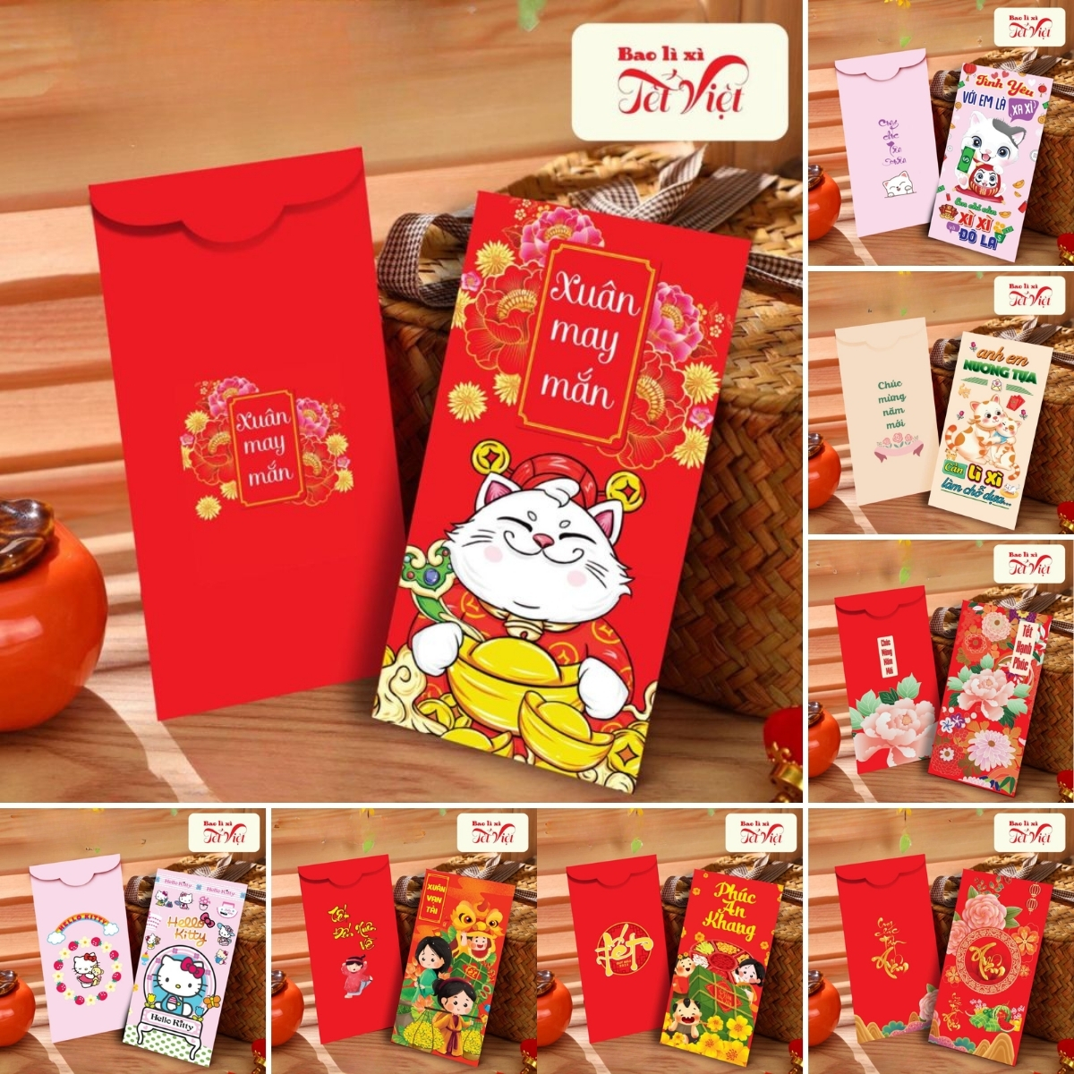 Bao lì xì set 10 lì xì năm mới màu đỏ đầy may mắn dễ thương-Hally Shop