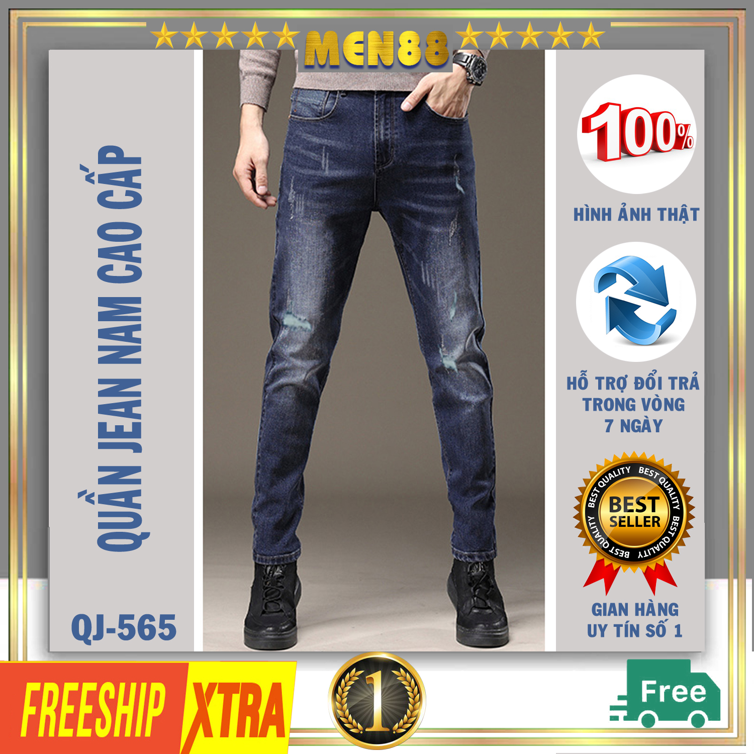 Quần Jean Nam rách gối cao cấp đẹp quần zin nam chất bò co giãn tốt QJ-565
