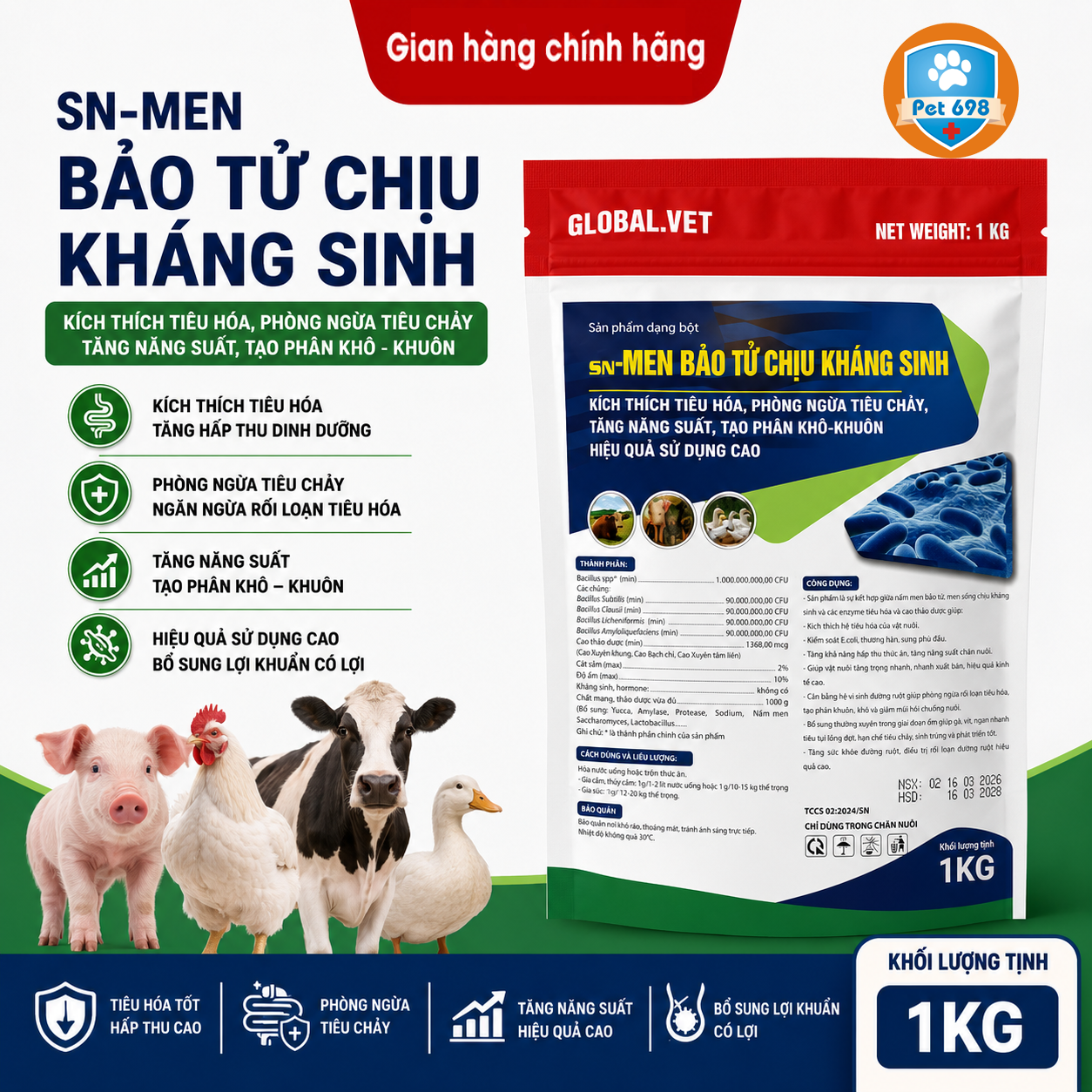 Men bào tử chịu K sinh 1kg Kích thích tiêu hóa, Phòng ngừa tiêu chảy, Tăng năng suất, Tạo phân khô khuôn