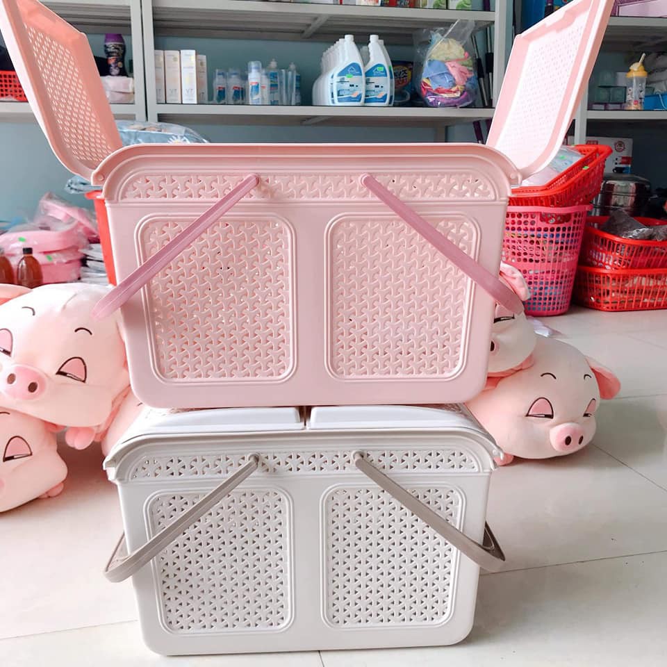 Làn nắp mây, giỏ đựng đồ 2 nắp việt nhật - làn giỏ nhựa đựng đồ đi sinh có nắp và quai xách - giỏ đựng đồ thông minh tiện lợi