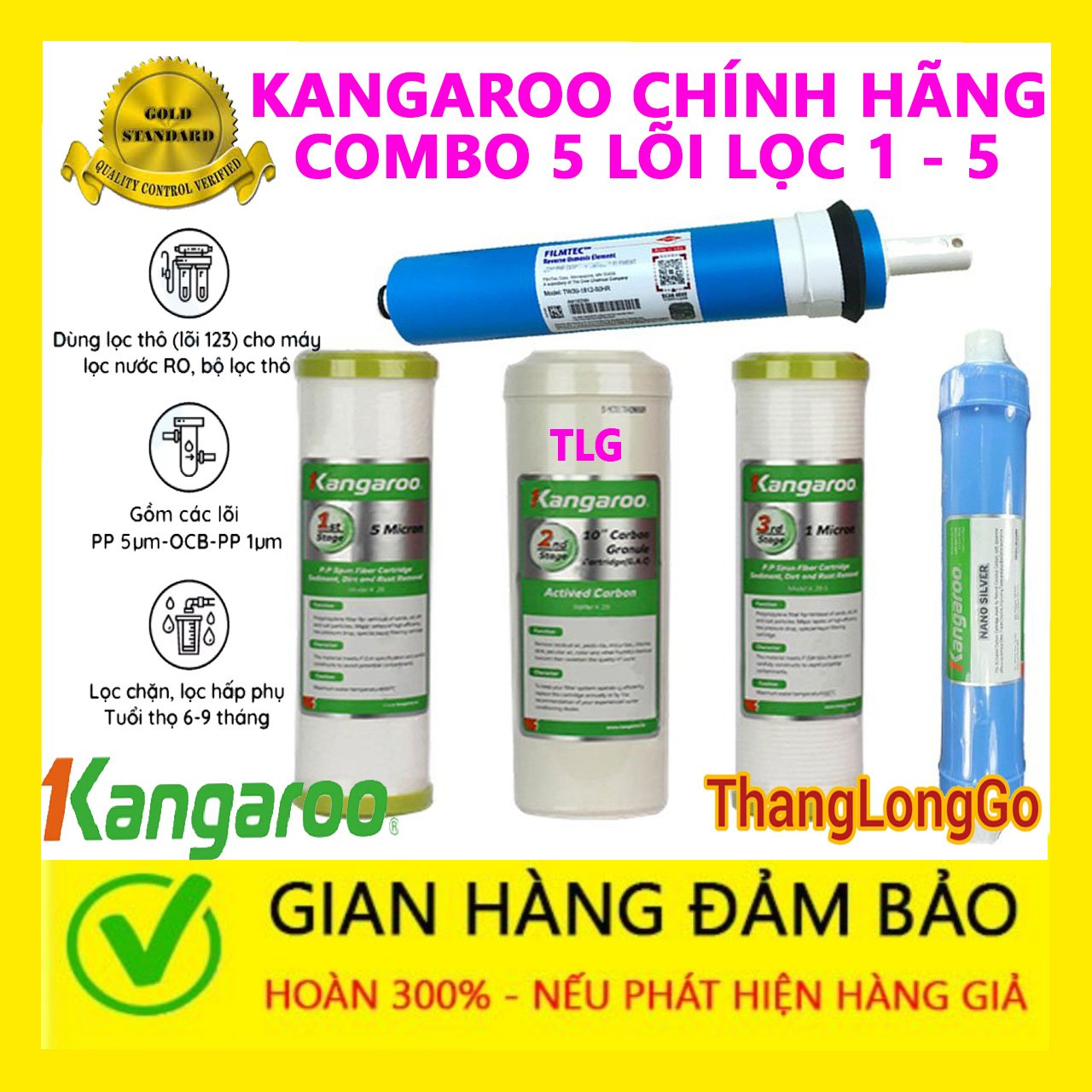Combo 5 lõi lọc nước kangaroo số 1-2-3-4-5 | gồm bộ 123 - ro dow dupont - nano