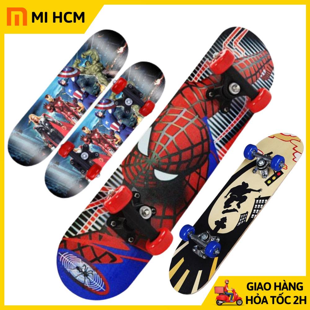 Ván trượt trẻ em gỗ phong ép 7 lớp dài 60cm ván trượt thể thao mặt nhám hình người nhện, siêu anh hùng marvel cho bé trai và bé gái