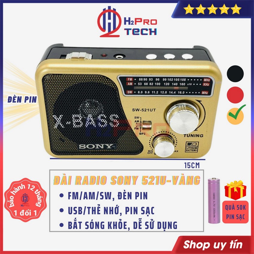 Đài Radio Sony - Waxiba 521U Cho Người Già Fm-Am-Sw Kiêm Máy Nghe Nhạc Usb-Thẻ Nhớ-Đèn Pin, Tặng Pin Sạc 50K-H2Pro Tech