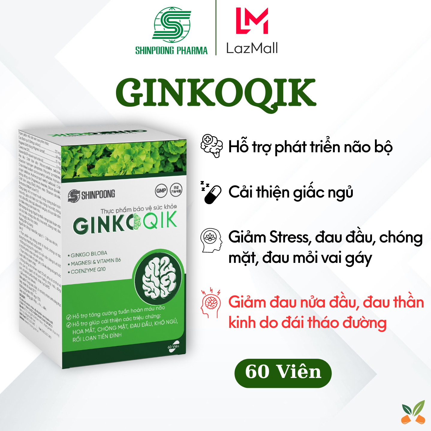 Viên Uống GINKOQIK Giúp Phát Triển Trí Não, Hỗ Trợ Tuần Hoàn Não, Giảm Đau Đầu, Mất Ngủ - SHINPOONG (60Viên)