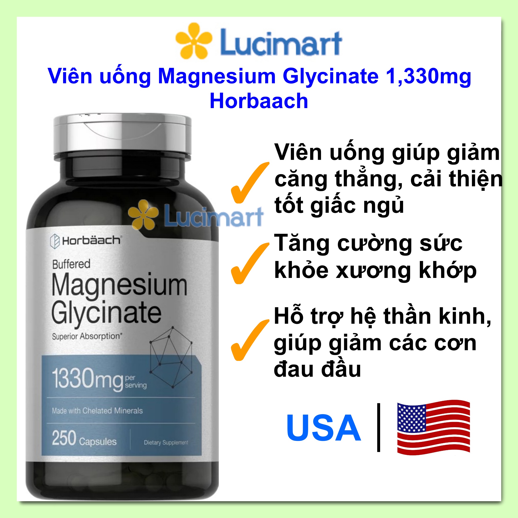 Viên uống Magnesium Glycinate 1330mg Horbaach hỗ trợ cơ, xương