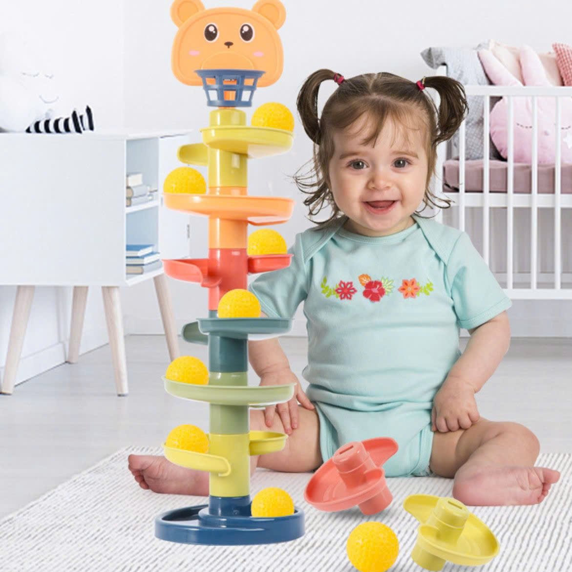 (Random Color) Spiral Rolling Ball Tower Toy with Bear-Shaped Basketball 2025