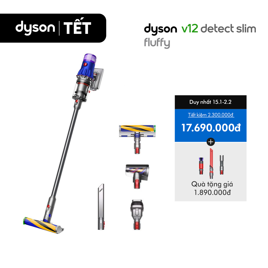   DUY NHẤT 1-3.1: VC 12% Tối đa 3 Triệu  Máy Hút Bụi Dyson V12 Detect Slim Fluffy  Blue Nickel  