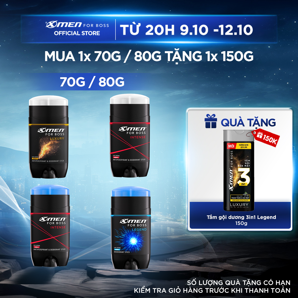 [MUA 1 TẶNG 1] Sáp Khử Mùi Xmen For Boss 70g/80g + Tặng Tắm Gội Rửa Mặt 3in1 150gx1 - Sáp Thơm Châu Âu