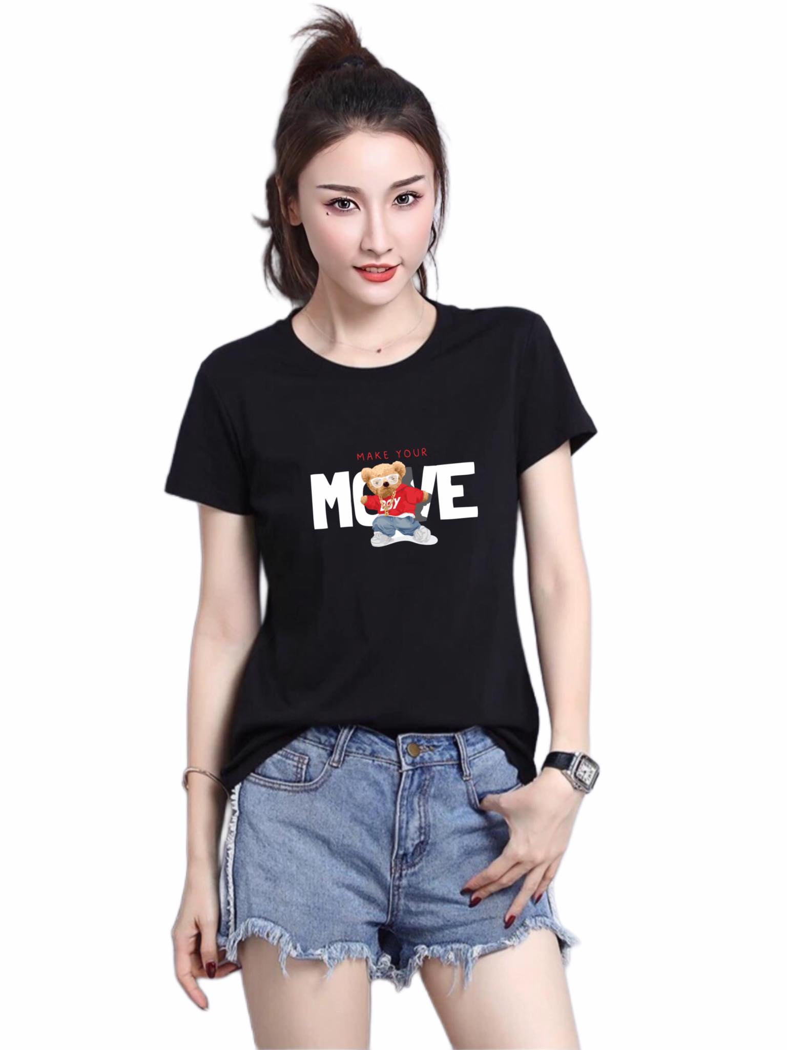 Áo thun nữ MXM form vừa in Gấu Move cotton 4 chiều từ 40-55kg mã ANU196