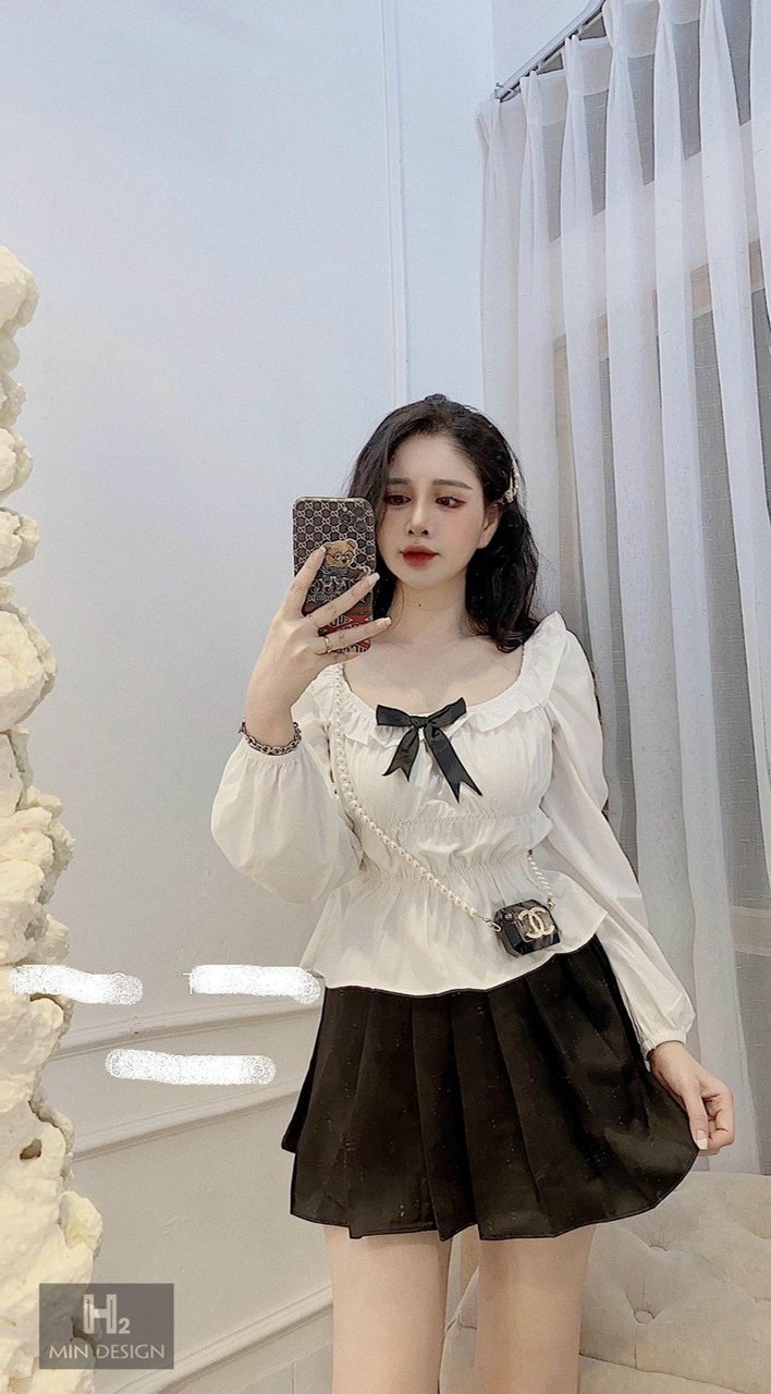 Áo voan cổ bẹt tròn trễ vai tay dài nữ tính ttkxa0204