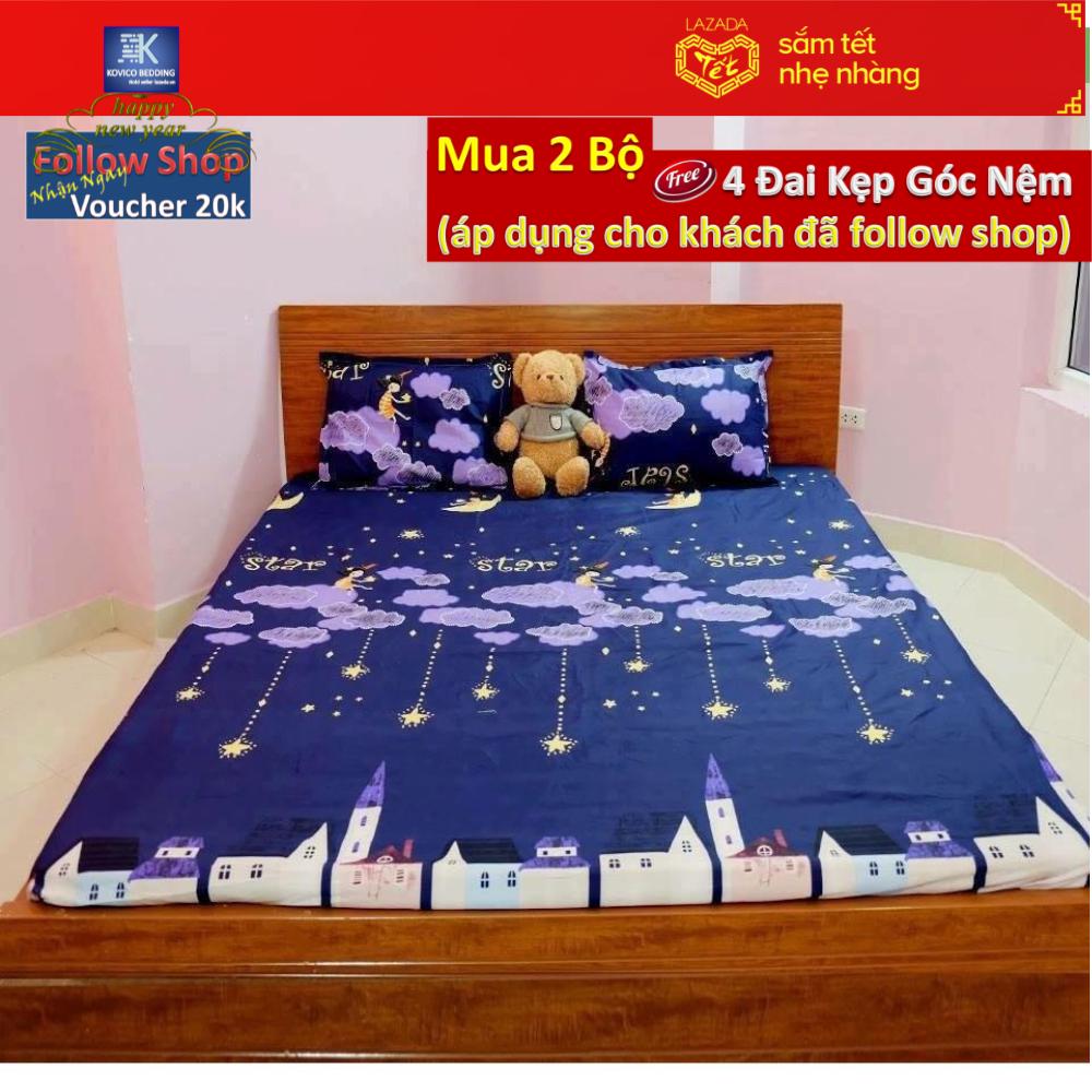 (FreeShip MAX) Bộ ga và 2 áo gối (Cỡ 1m4x2m -Dành cho nệm cao dưới 15cm)