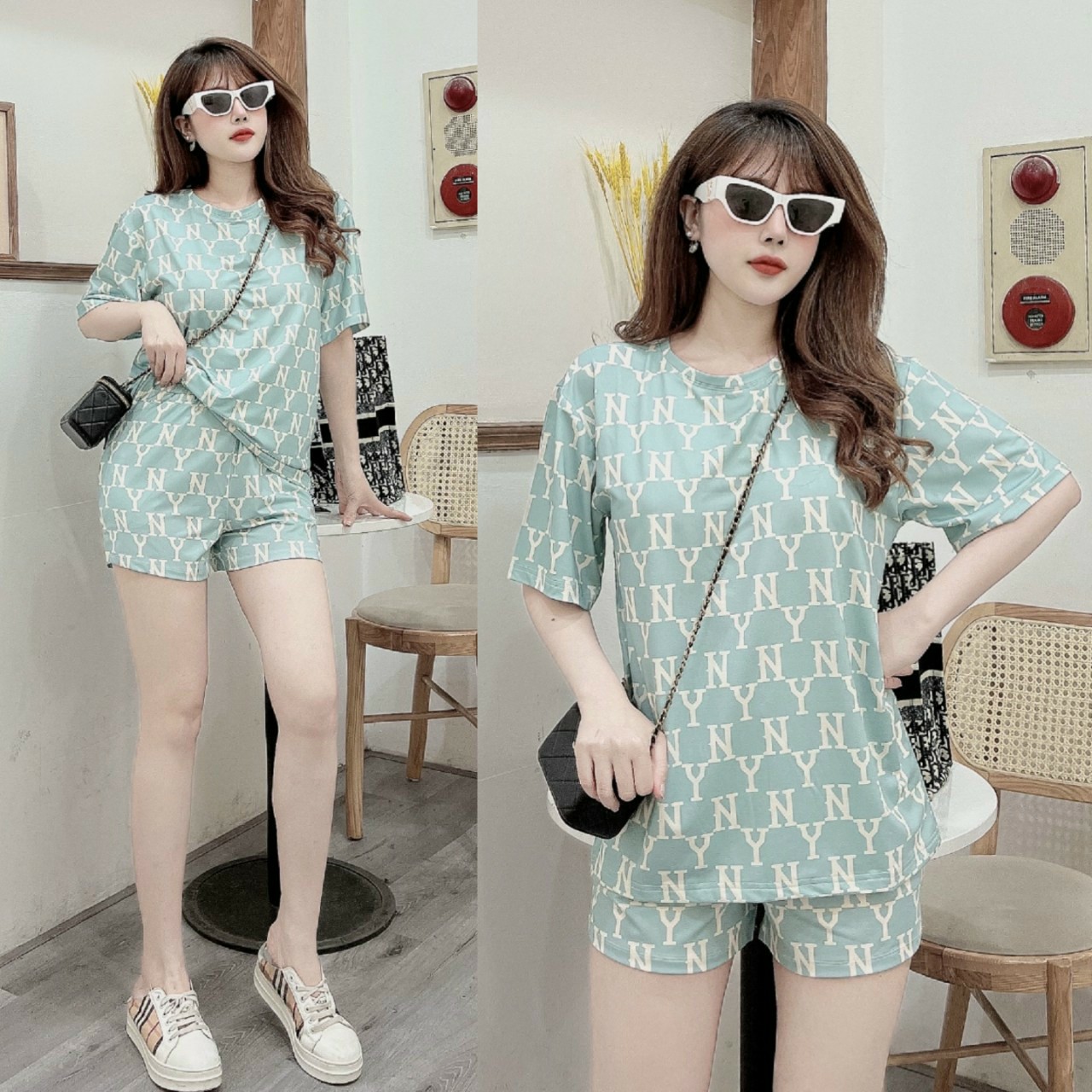 Đồ bộ thun đùi nữ mặc nhà họa tiết màu xanh ngọc