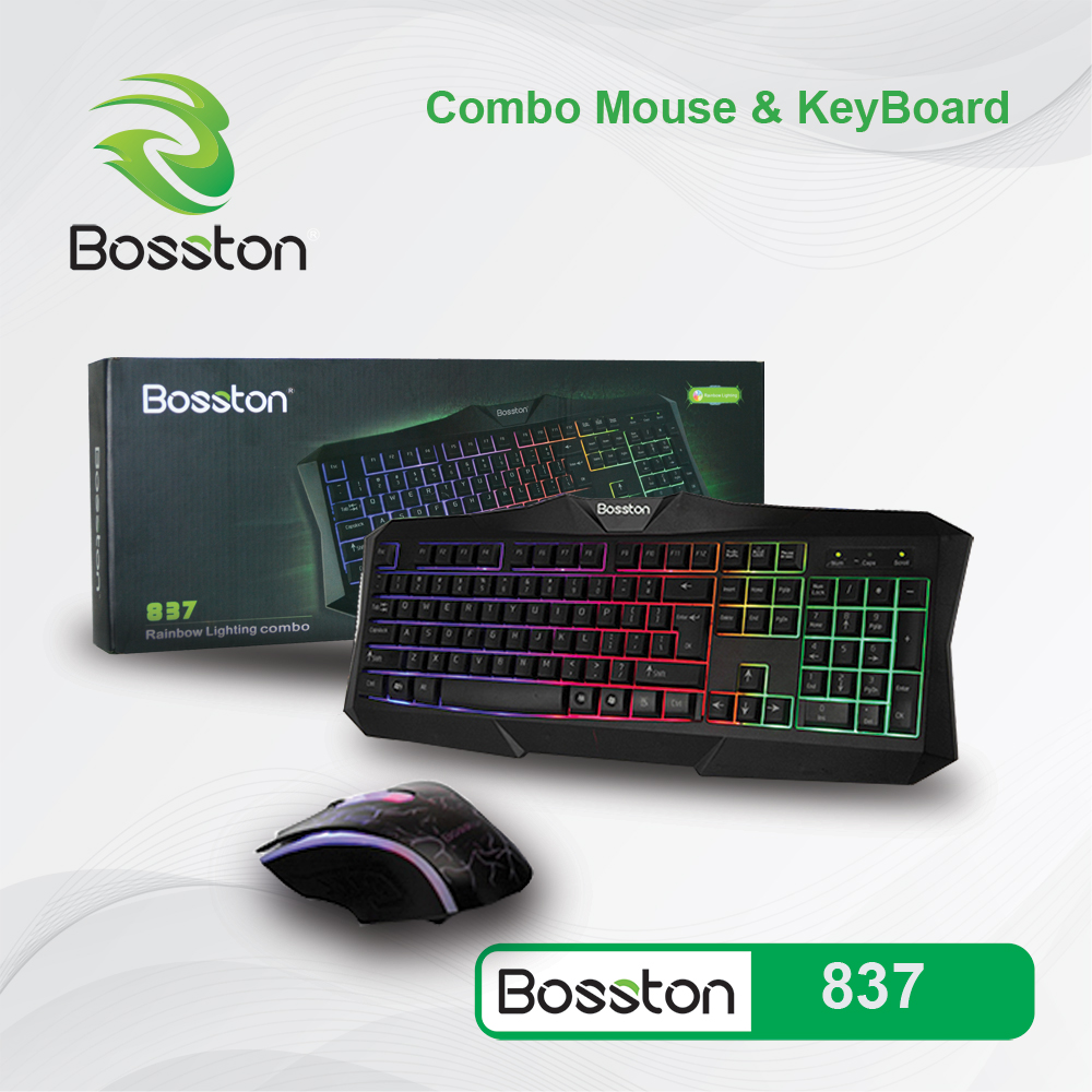 Bộ bàn phím chuột có dây bosston 837 tích hợp đèn led, combo bàn phím và chuột bosston