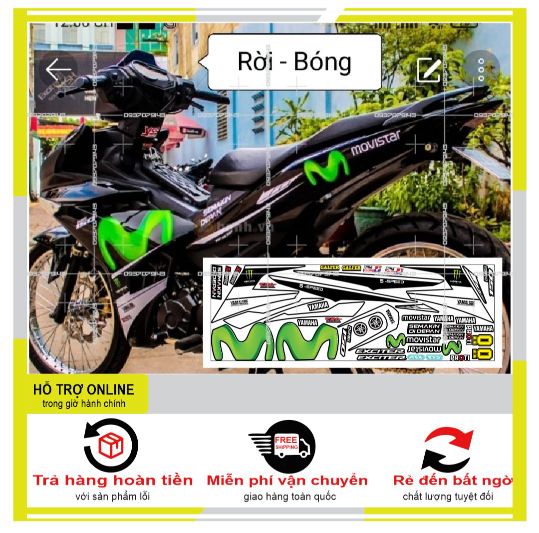 Tem rời exciter 150 movistar trắng đen decal pvc 5 lớp khống thâm nước