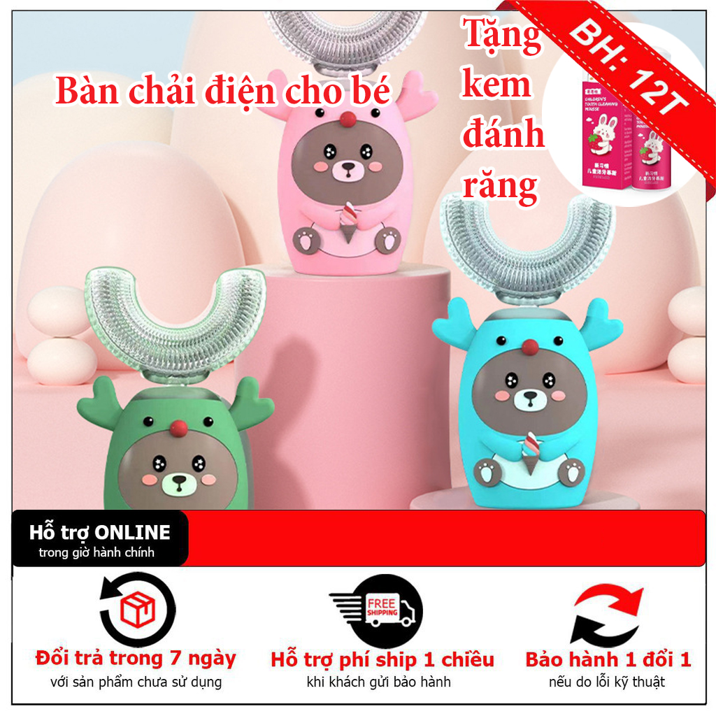Bàn chải điện cho bé chữ U Master, bàn chải đánh răng trẻ em silicon được nha sĩ khuyên dùng Tặng kèm sạc & kem đánh răng nuốt được